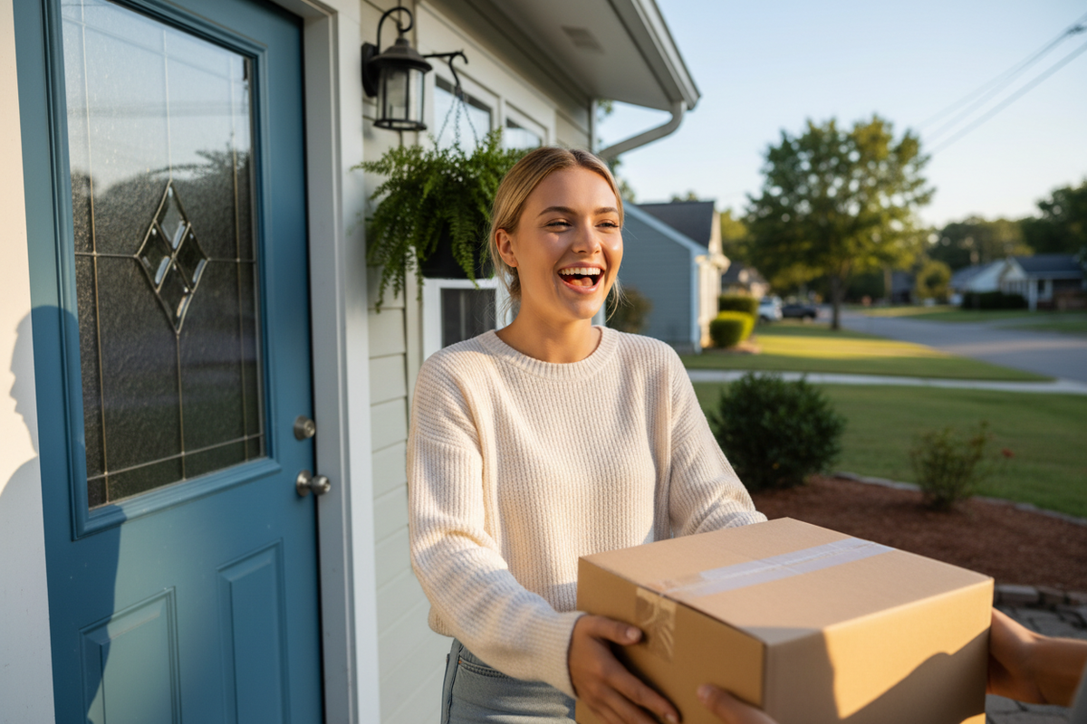 Cliente recibiendo paquete en la puerta de su casa
